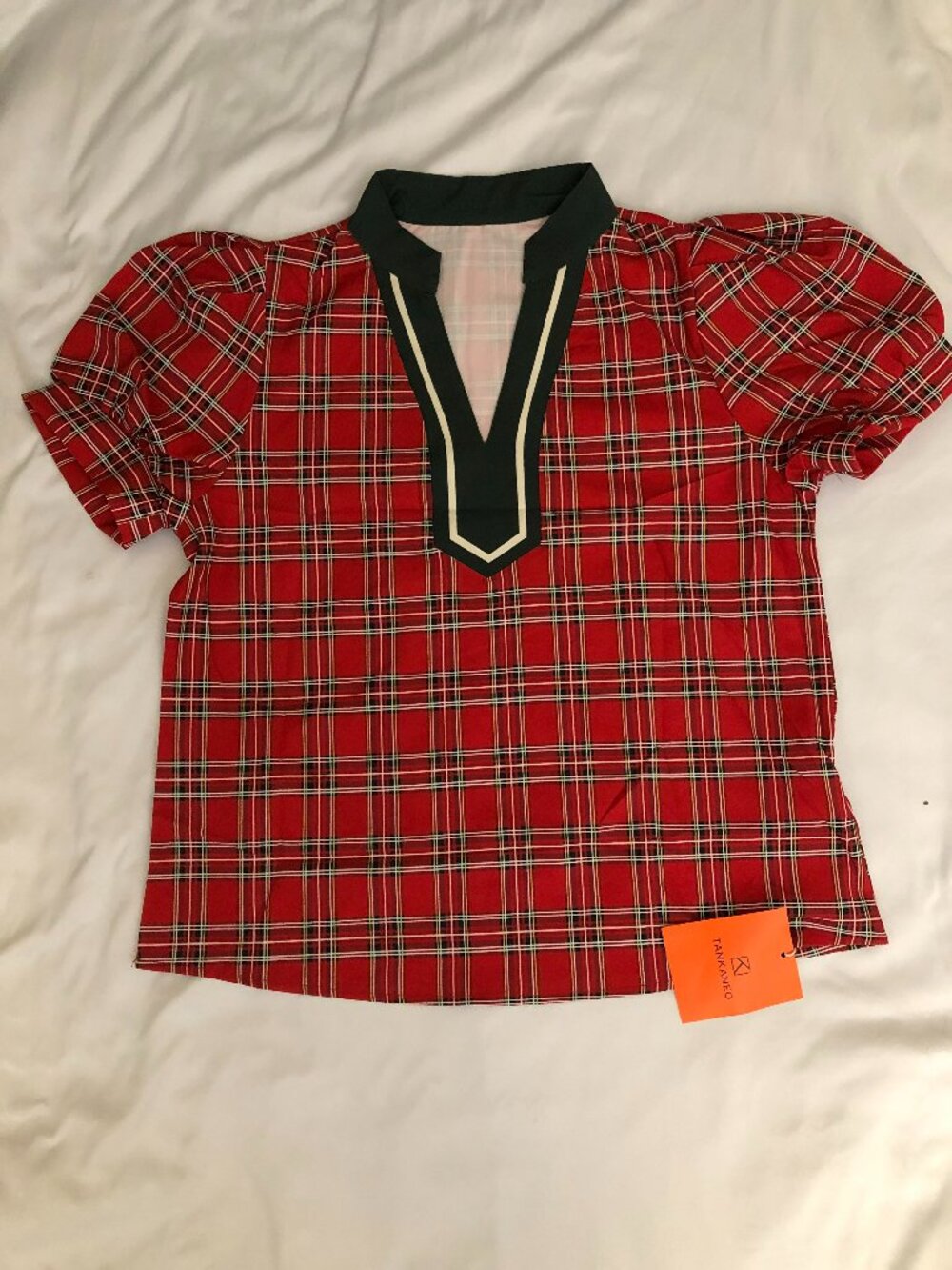 Tankaneo Puff Sleeve Plaid Blouse Size S